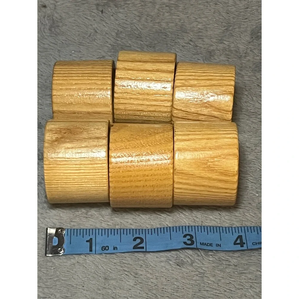 Vintage Set of 6 Natural Wood Grain Napkin Rings Rustic Handcrafted Table Decor